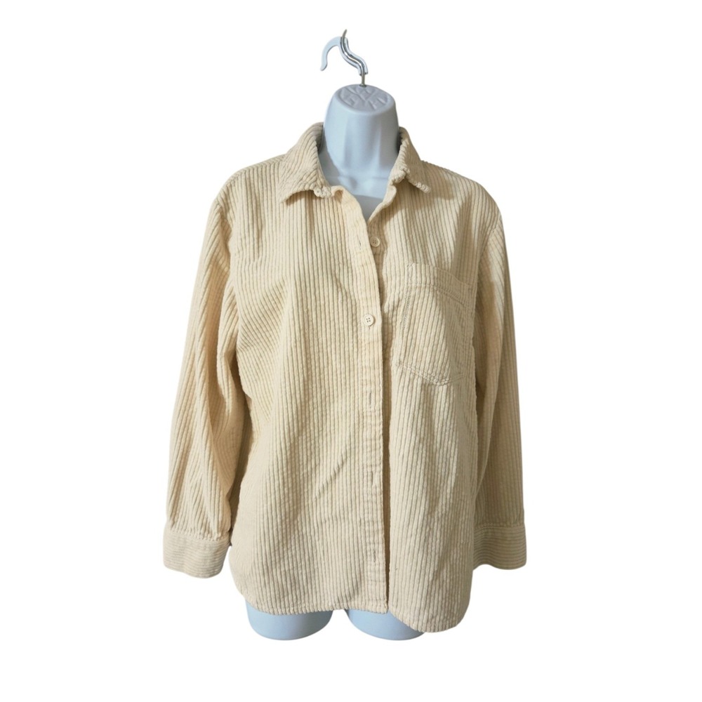 Corduroy Women's Ivory Cream Button Down Shacket Long Sleeve Relaxed Divided H&M